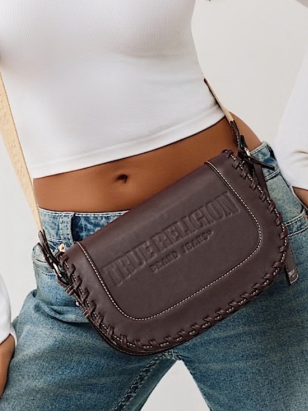 True Religion Whip Stitch Saddle Bag- Wine,adjustable crossbody